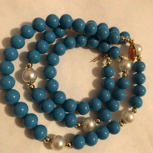 Vtg Turquoise & White Faux Pearl Beaded Necklace